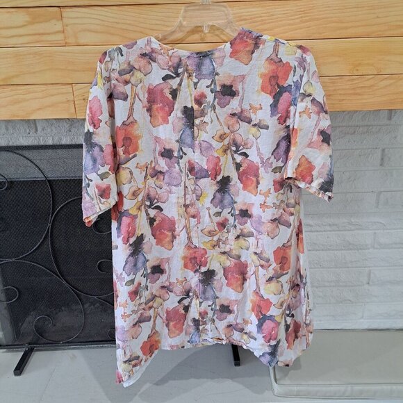 Floral Linen Womens Top By Transparente With Wooden Button Accents Pocket 2XL - Picture 5 of 10